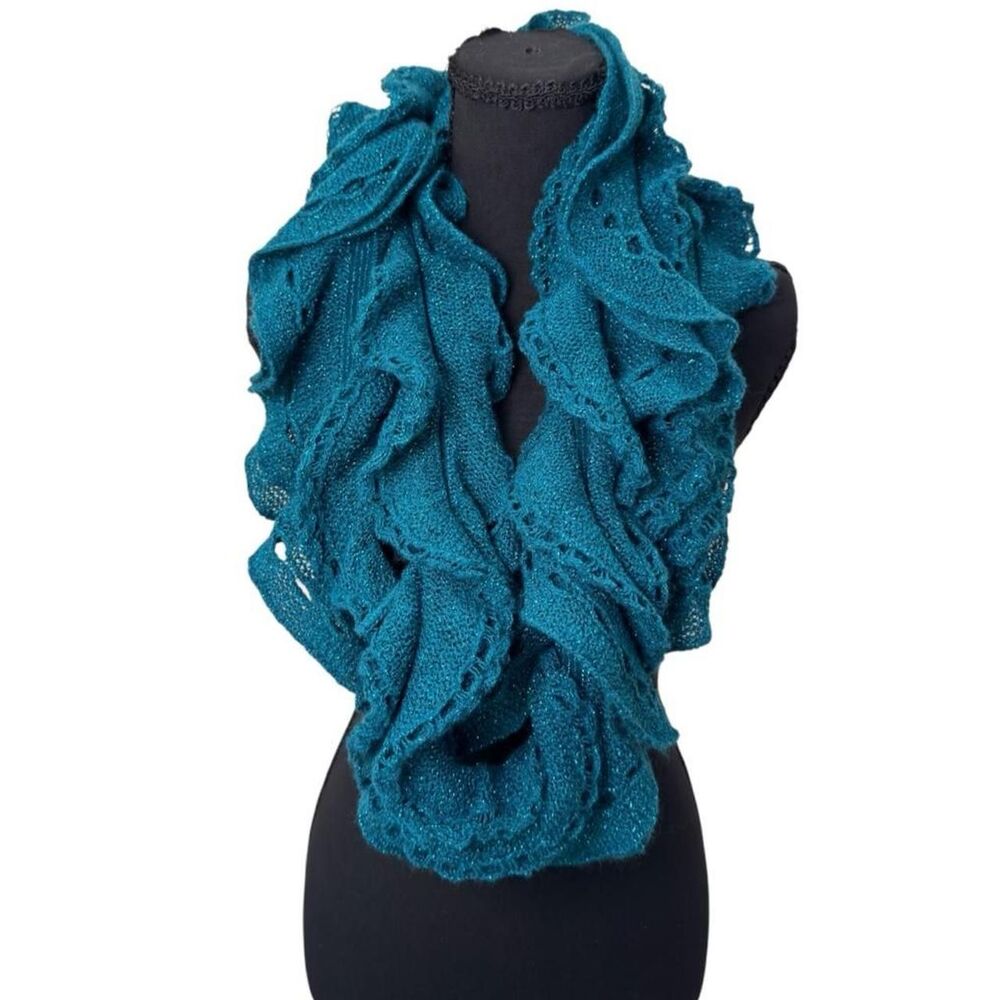 Teal ruffle knit scarf with lace detailing and sparkles